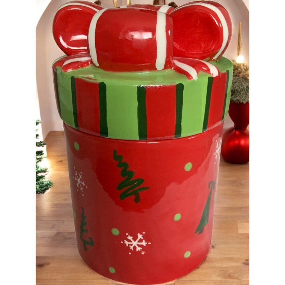 Vintage Christmas Ceramic Cookie Candy Jar With Lid Bow Design by CDK